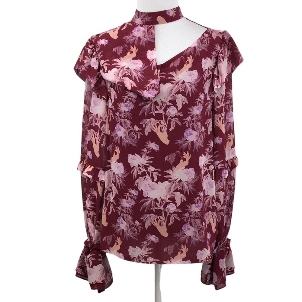 Three Floor Blouse Womens 4 Purple Pink Floral Tropical‎ Print Long Sleeve